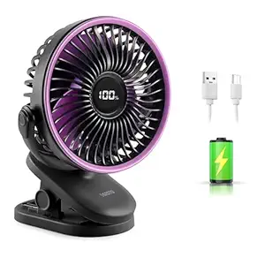 Gesto High Speed Rechargeable Clip-On Table Fan with Digital Display – 360° Moving USB Charging Fan for Home,Kitchen,Baby Stroller | 2000mAh Battery,5 Speed Modes,Portable Battery Operated Fan -Black