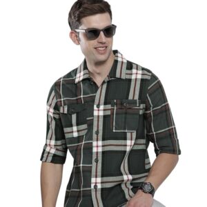 The Indian Garage Co Men Cotton Regular Fit Checkered Full Sleeves Convertible Collar Double Flap Pocket Street Wear Over Shirt