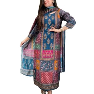 GoSriKi Women's Silk Blend Straight Printed Kurta with Pant & Dupatta