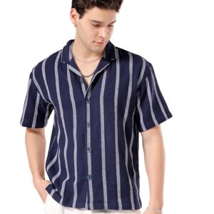 The Indian Garage Co Men's Cotton Relaxed Fit Striped Half Sleeves Cuban Collar Resort Wear Shirt