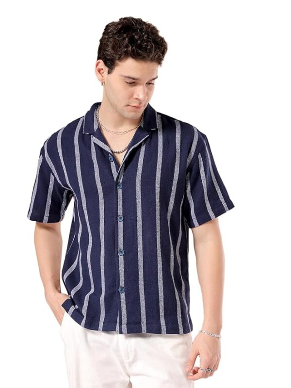 The Indian Garage Co Men's Cotton Relaxed Fit Striped Half Sleeves Cuban Collar Resort Wear Shirt