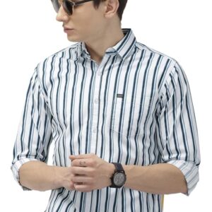 The Indian Garage Co Men's Cotton Slim Fit Multi Striped Full Sleeves Cutaway Collar Casual Shirt