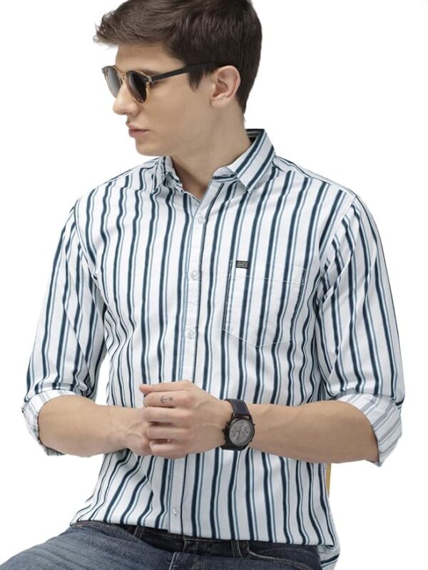 The Indian Garage Co Men's Cotton Slim Fit Multi Striped Full Sleeves Cutaway Collar Casual Shirt