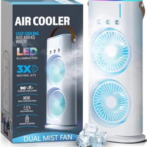 Aluan Portable Double Ended Mist Spray Fan for Summer Room Cooling, USB Rechargeable Mini AC Air Cooler Misting Fans for Home,Table | Electric Cooler With 280ml Water, 7colors Led Remote (White)