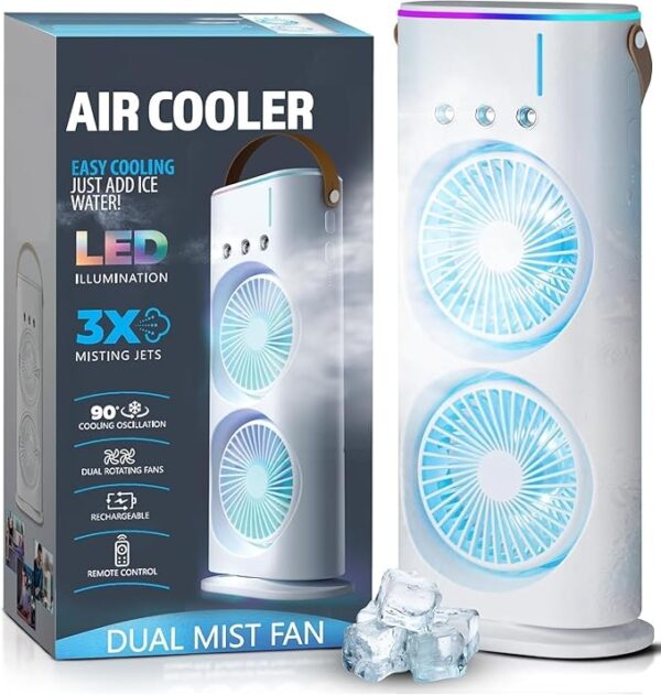 Aluan Portable Double Ended Mist Spray Fan for Summer Room Cooling, USB Rechargeable Mini AC Air Cooler Misting Fans for Home,Table | Electric Cooler With 280ml Water, 7colors Led Remote (White)