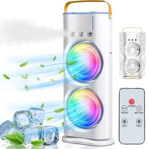 Oumffy 4000mAh Double Ended Spray Fan, Cold Air, 2025 New 3 Gears USB Rechargeable Oscillating fan with LED Light Cooler, Touch & Remote Control, 280ml Water Tank, Ice Filling Fan (White)